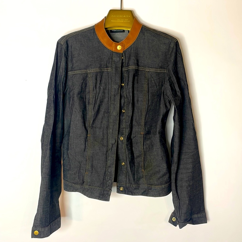Denim Shirt Jacket w. Faux Leather Nehru Collar
